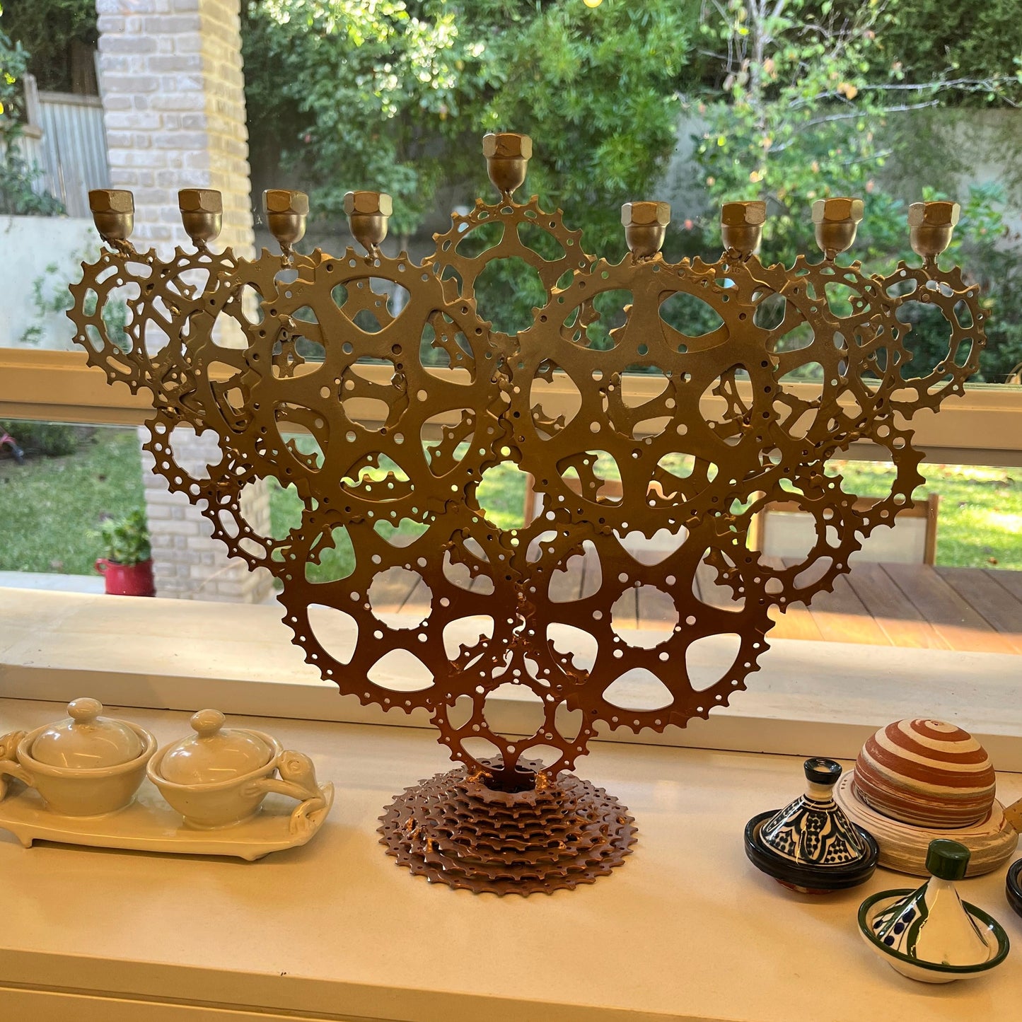 Sara Small - Menorah sculpture, made of bicycle parts